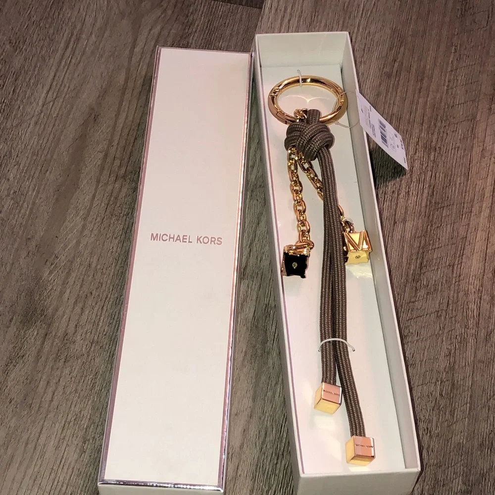 Michael Kors Gold Tone & Birch Cord Bag Charm MK Cubes NWT & Box - Picture 7 of 14